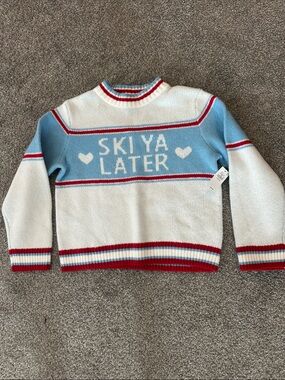 Old Navy Cream and Light Blue "Ski Ya Later" Knit Sweater with Red Trim